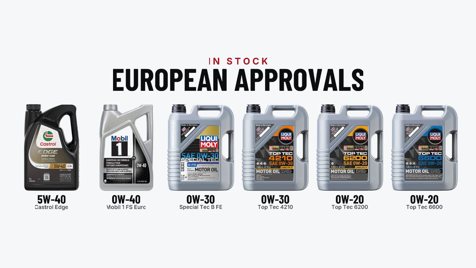 In stock, European approvals: the six European-specification oils the shop stocks — Castrol Edge Euro Car 5W-40, Mobil 1 FS European 0W-40, Liqui Moly Special Tec B FE 0W-30, and Top Tec 4210 0W-30, 6200 0W-20 and 6600 0W-20