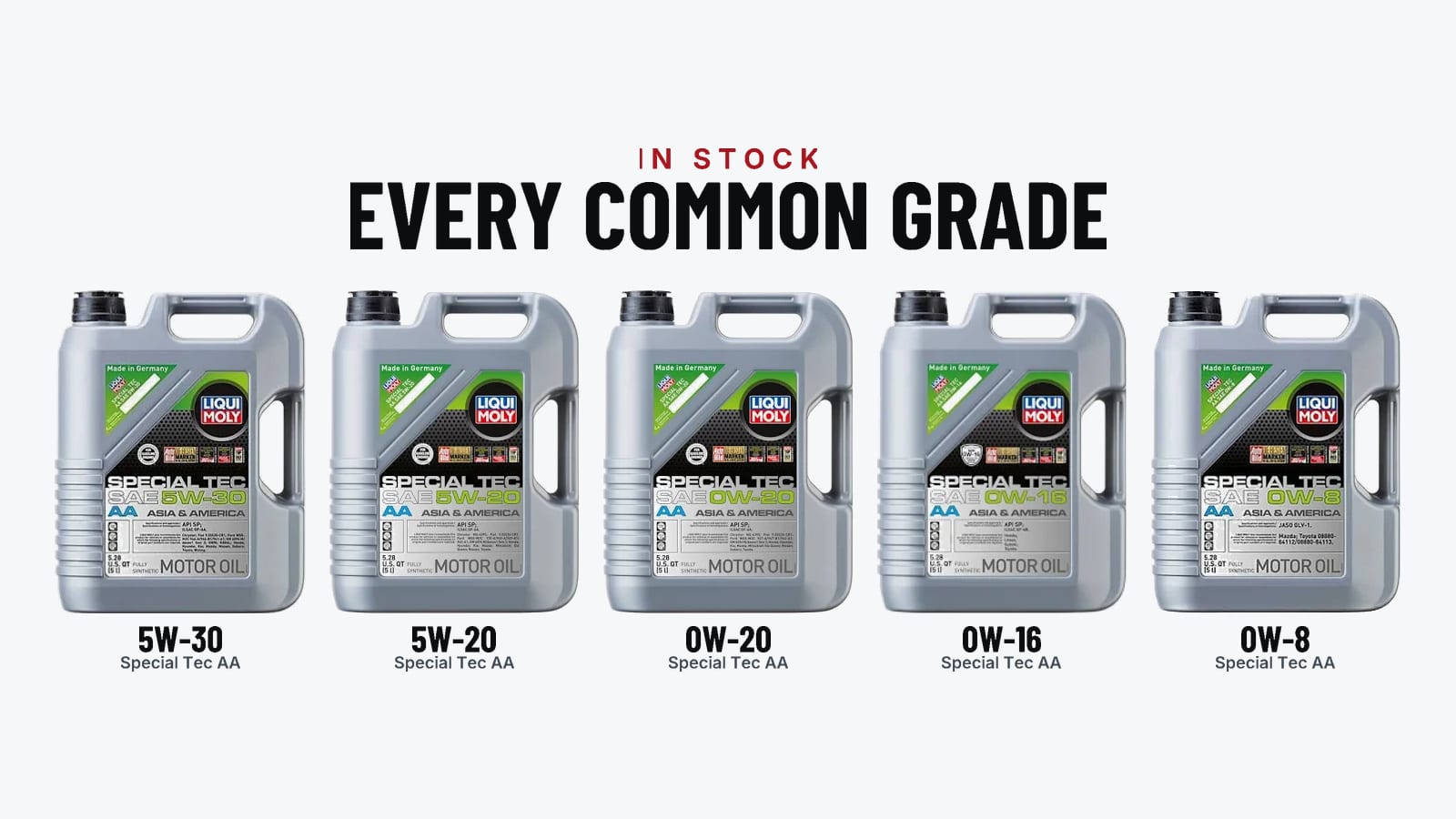 In stock, every common grade: the five Liqui Moly Special Tec AA full synthetic grades the shop stocks — 5W-30, 5W-20, 0W-20, 0W-16 and 0W-8